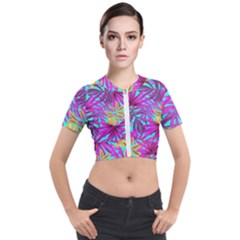 Tropical Greens Pink Leaves Short Sleeve Cropped Jacket