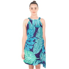 Tropical Greens Leaves Banana Halter Collar Waist Tie Chiffon Dress