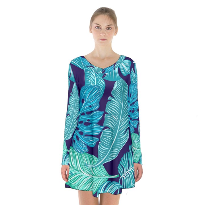 Tropical Greens Leaves Banana Long Sleeve Velvet V-neck Dress