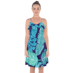 Tropical Greens Leaves Banana Ruffle Detail Chiffon Dress