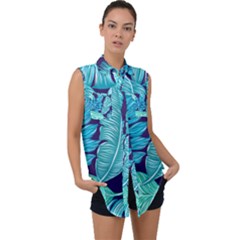 Tropical Greens Leaves Banana Sleeveless Chiffon Button Shirt