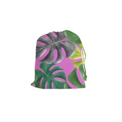 Tropical Greens Pink Leaf Drawstring Pouch (small)