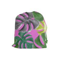 Tropical Greens Pink Leaf Drawstring Pouch (large)