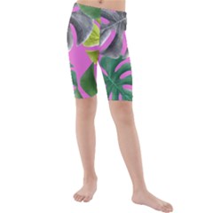 Tropical Greens Pink Leaf Kids  Mid Length Swim Shorts