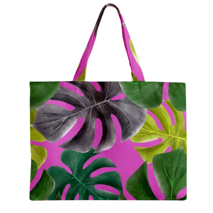 Tropical Greens Pink Leaf Zipper Mini Tote Bag