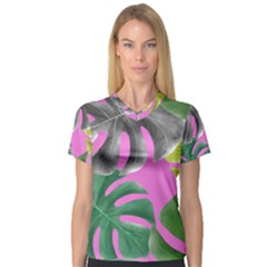 Tropical Greens Pink Leaf V-neck Sport Mesh Tee