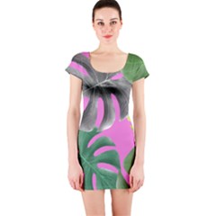 Tropical Greens Pink Leaf Short Sleeve Bodycon Dress by HermanTelo