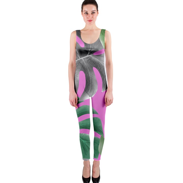 Tropical Greens Pink Leaf One Piece Catsuit