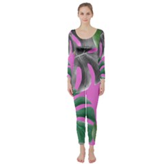 Tropical Greens Pink Leaf Long Sleeve Catsuit