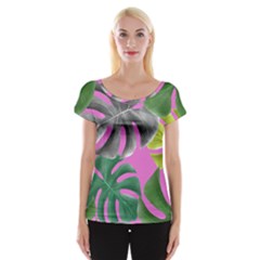 Tropical Greens Pink Leaf Cap Sleeve Top