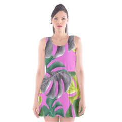 Tropical Greens Pink Leaf Scoop Neck Skater Dress by HermanTelo