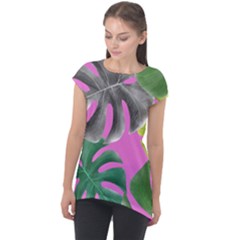 Tropical Greens Pink Leaf Cap Sleeve High Low Top