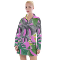 Tropical Greens Pink Leaf Women s Long Sleeve Casual Dress