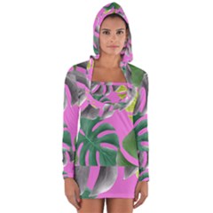 Tropical Greens Pink Leaf Long Sleeve Hooded T-shirt