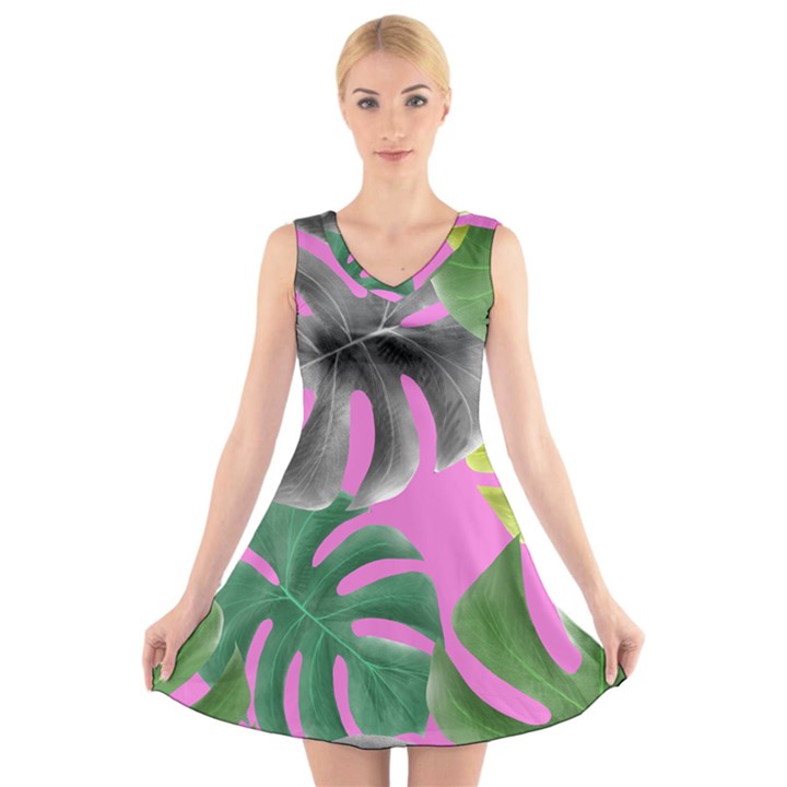 Tropical Greens Pink Leaf V-Neck Sleeveless Dress