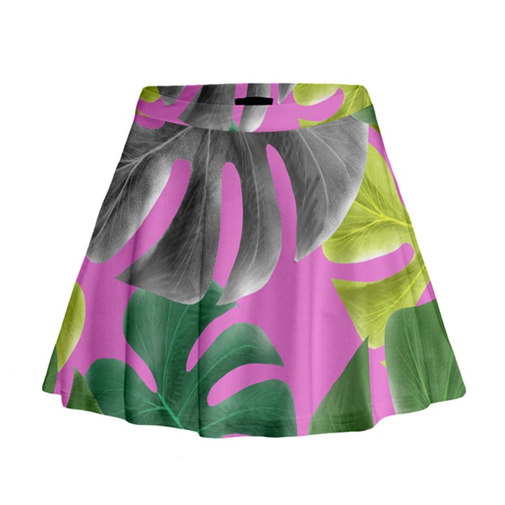 Tropical Greens Pink Leaf Mini Flare Skirt