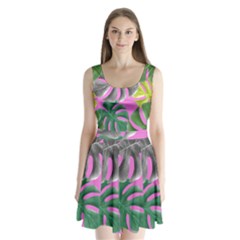 Tropical Greens Pink Leaf Split Back Mini Dress 