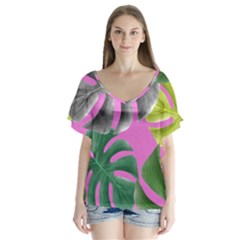 Tropical Greens Pink Leaf V-neck Flutter Sleeve Top