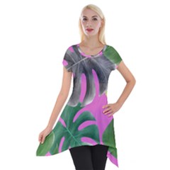 Tropical Greens Pink Leaf Short Sleeve Side Drop Tunic