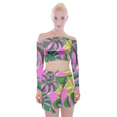 Tropical Greens Pink Leaf Off Shoulder Top With Mini Skirt Set