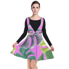 Tropical Greens Pink Leaf Plunge Pinafore Dress