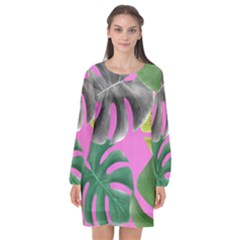 Tropical Greens Pink Leaf Long Sleeve Chiffon Shift Dress 