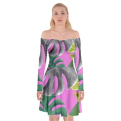 Tropical Greens Pink Leaf Off Shoulder Skater Dress by HermanTelo