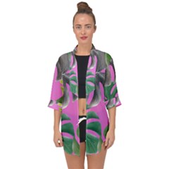 Tropical Greens Pink Leaf Open Front Chiffon Kimono