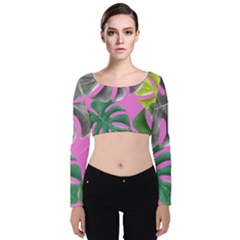 Tropical Greens Pink Leaf Velvet Long Sleeve Crop Top