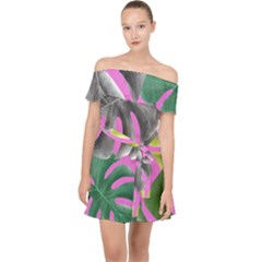 Tropical Greens Pink Leaf Off Shoulder Chiffon Dress by HermanTelo