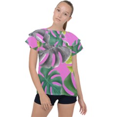 Tropical Greens Pink Leaf Ruffle Collar Chiffon Blouse