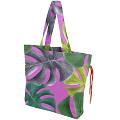 Tropical Greens Pink Leaf Drawstring Tote Bag