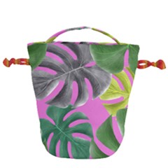 Tropical Greens Pink Leaf Drawstring Bucket Bag