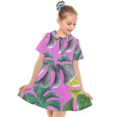 Tropical Greens Pink Leaf Kids  Short Sleeve Shirt Dress