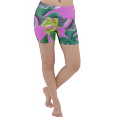 Tropical Greens Pink Leaf Lightweight Velour Yoga Shorts