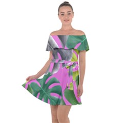 Tropical Greens Pink Leaf Off Shoulder Velour Dress