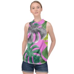 Tropical Greens Pink Leaf High Neck Satin Top