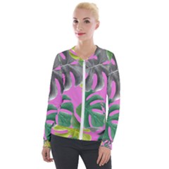 Tropical Greens Pink Leaf Velour Zip Up Jacket by HermanTelo