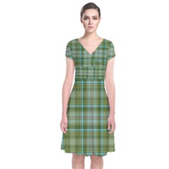 Vintage Green Plaid Short Sleeve Front Wrap Dress