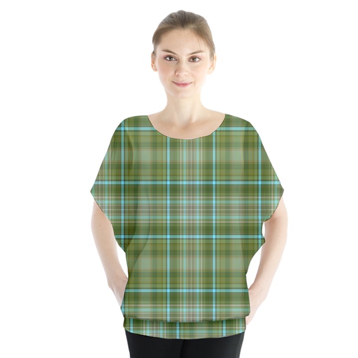 Vintage Green Plaid Batwing Chiffon Blouse