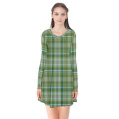 Vintage Green Plaid Long Sleeve V-neck Flare Dress by HermanTelo