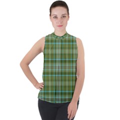 Vintage Green Plaid Mock Neck Chiffon Sleeveless Top