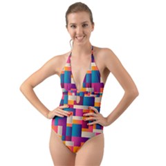 Abstract Geometry Blocks Halter Cut-out One Piece Swimsuit by Bajindul