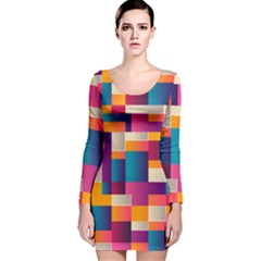 Abstract Geometry Blocks Long Sleeve Velvet Bodycon Dress