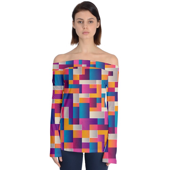 Abstract Geometry Blocks Off Shoulder Long Sleeve Top