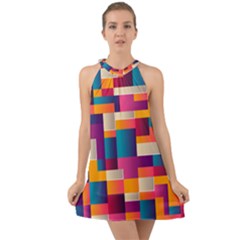 Abstract Geometry Blocks Halter Tie Back Chiffon Dress by Bajindul