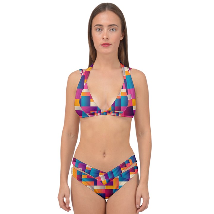 Abstract Geometry Blocks Double Strap Halter Bikini Set