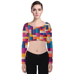 Abstract Geometry Blocks Velvet Long Sleeve Crop Top by Bajindul