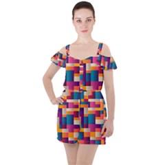 Abstract Geometry Blocks Ruffle Cut Out Chiffon Playsuit by Bajindul