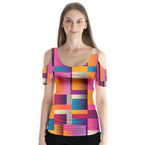 Abstract Background Geometry Blocks Butterfly Sleeve Cutout Tee  by Bajindul